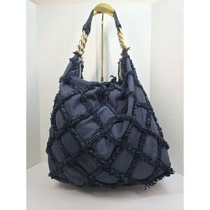 Errelleventidue Blue Leather Quilted Fringe Hobo Bag Italian Made Gold Chain